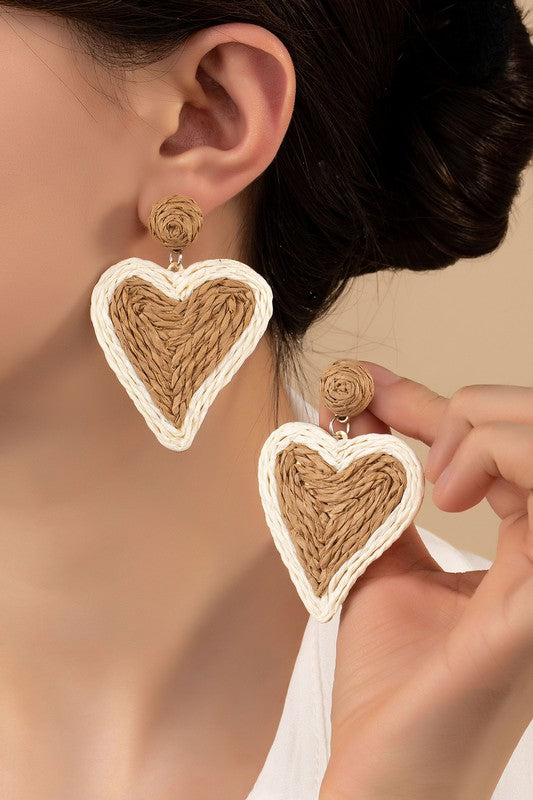 HeartFlutters: Duo-Tone Raffia Straw Love Drops - Stunning Heart-Shaped Earrings
